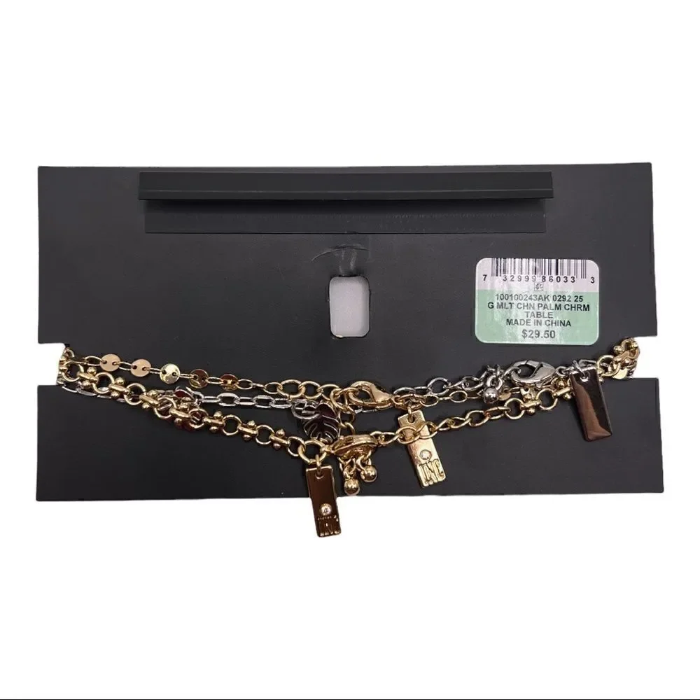 INC Two-Tone 3 Piece Set Palm Leaf Charm Chain-Link Anklets Ankle Bracelets New